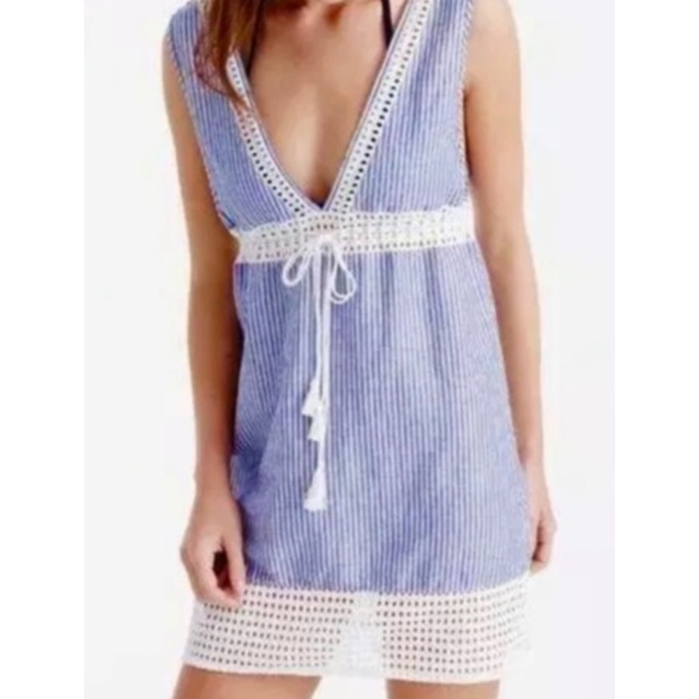 J. Crew‎ Striped Linen Blend Swim Coverup Mini Dress Large Sleeveless Coastal